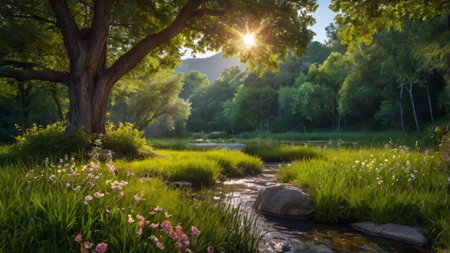 Beautiful summer landscape with a small river in the park. Sunny day.の写真素材