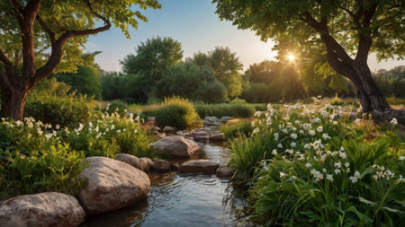 Spring landscape with a small stream and blooming lily of the valleyの写真素材