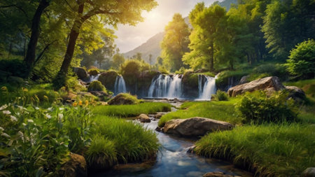 Waterfall in the forest at sunset. Beautiful summer landscape with a waterfallの写真素材