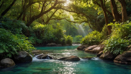 Panoramic view of the turquoise river flowing through the forestの写真素材