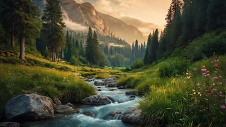 Mountain river in the mountains. Beautiful summer landscape with a mountain river.の写真素材