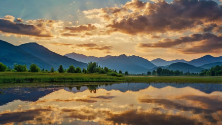 Sunset on the lake in the mountains. Beautiful summer landscape.の写真素材