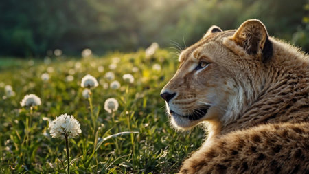 Lioness in the savannah of Africa with dandelionsの写真素材