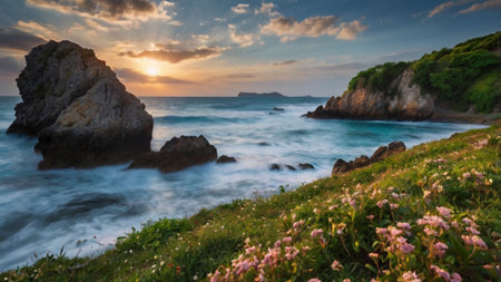 Beautiful seascape at sunset. Panoramic image.の写真素材