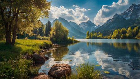panoramic view of alpine lake in the italian alpsの写真素材