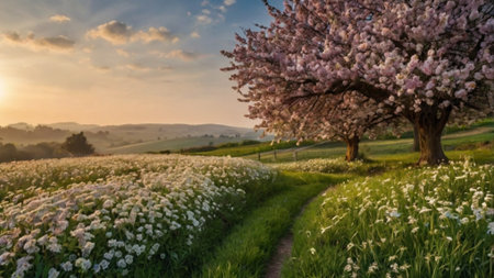 Beautiful spring landscape with blooming trees and meadow at sunsetの写真素材