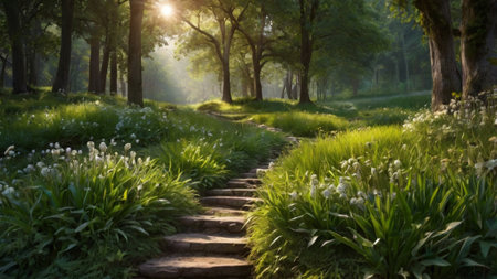 Beautiful spring landscape in the park at sunset. Path through the blooming dandelionsの写真素材