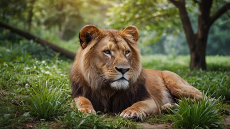 Big male lion lying on the grass and looking at the camera.の写真素材