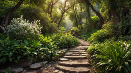 Pathway in the green garden at sunset. Nature landscape background.の写真素材