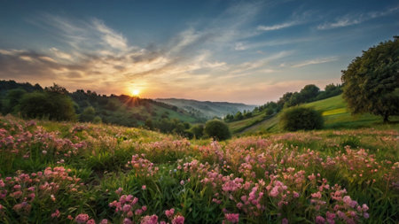 Panoramic view of meadow with pink wildflowers at sunsetの写真素材