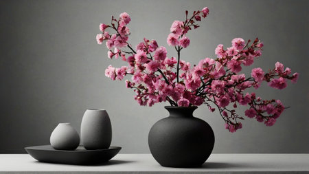 Ceramic vase with sakura flowers on a gray backgroundの写真素材