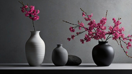 Vase with cherry blossom in vase on gray wall backgroundの写真素材