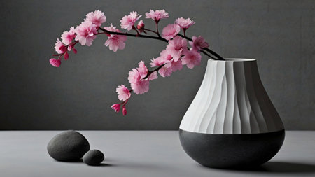 Sakura blossom in vase on gray background. 3D renderingの写真素材