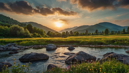 Sunset over the mountain river in the Carpathians, Ukraineの写真素材