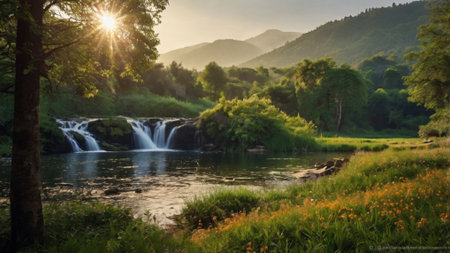 Beautiful summer landscape with a waterfall in the mountains on a sunny dayの写真素材