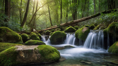 Beautiful waterfall in the forest with sunlight and green moss on stonesの写真素材