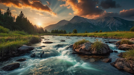 Mountain river at sunset. Beautiful summer landscape with a mountain river.の写真素材