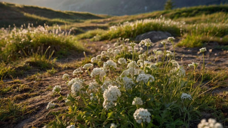 summer meadow with white flowers at sunset in Carpathian mountainsの写真素材