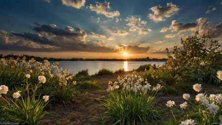 Sunset over the lake in summer with white iris flowers.の写真素材