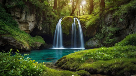 Beautiful waterfall in the green forest. Panoramic view.の写真素材