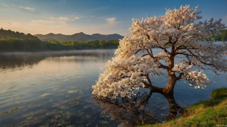 Beautiful spring landscape with blooming tree and lake at sunrise.の写真素材