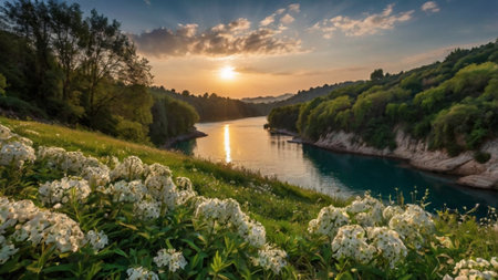 Panoramic view of the river at sunsetの写真素材