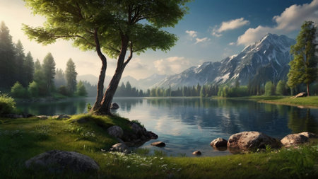 Beautiful landscape of mountains and lake. 3D rendering. Computer digital drawing.の写真素材