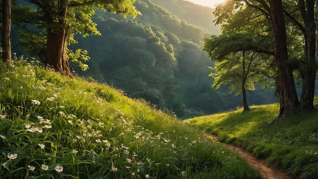 Sunset in the green forest. Panoramic view of a path through the forest.の写真素材