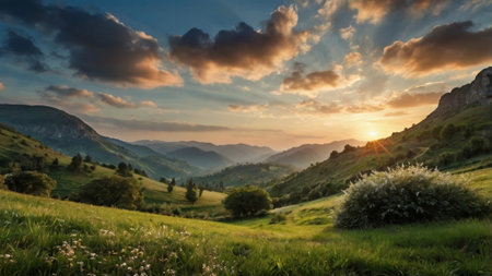 Sunset in the mountains. Beautiful summer landscape in the Carpathians.の写真素材