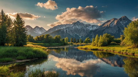Mountain landscape with river and reflection in the water at sunset.の写真素材