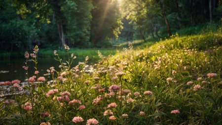 Beautiful wildflowers blooming in the forest at sunset.の写真素材