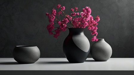 Three black vases with pink flowers in front of a dark wallの写真素材