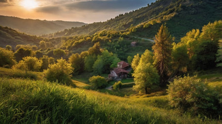Beautiful rural landscape in the Carpathian mountains at sunset.の写真素材