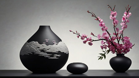 Black vase with cherry blossoms on a gray background. 3d renderingの写真素材