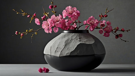 Still life with pink sakura branches in vase on grey backgroundの写真素材