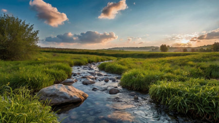 Panoramic view of a small river flowing through a meadow at sunset.の写真素材