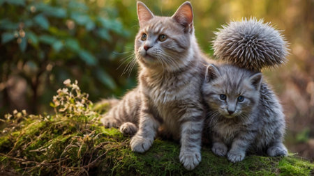 Two little kittens sitting on a mossy rock in the garden.の写真素材