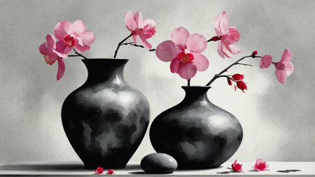 Vase and vase with pink orchids on gray backgroundの写真素材
