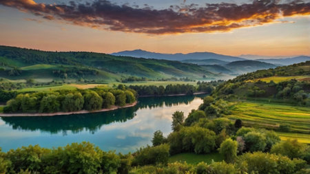 Beautiful summer landscape with lake and mountains in the background at sunsetの写真素材