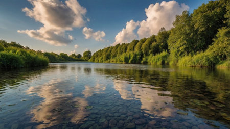 Panoramic view of the river and forest. Summer landscape.の写真素材
