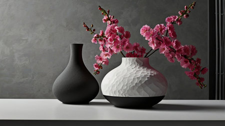 3d render, vase with cherry blossoms on the table.の写真素材
