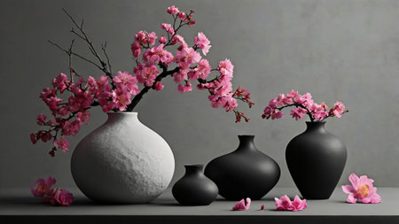 Sakura flowers in vases on gray background. 3D renderingの写真素材