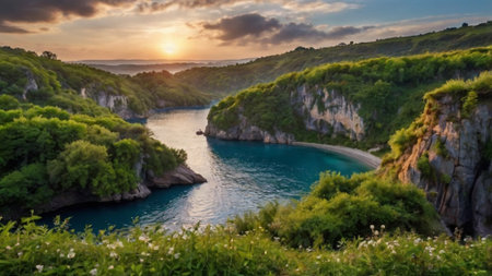 Sunset in the Plitvice Lakes National Park, Croatia.の写真素材