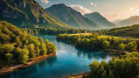 Panoramic view of the mountain river. Beautiful summer landscape.の写真素材