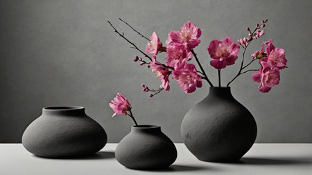 Three black vases with pink flowers on the table, gray backgroundの写真素材