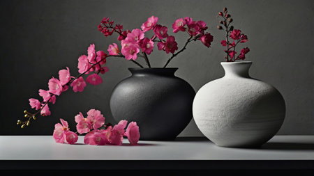 Vase with pink orchids on a black background. 3d renderingの写真素材