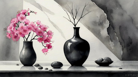 Vase with cherry blossom on the shelf. Watercolor paintingの写真素材