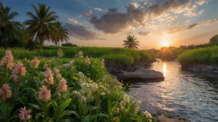 Beautiful sunset over the river with palm trees and flowers in the foregroundの写真素材
