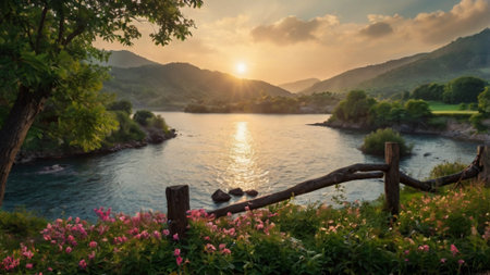 Sunset over the river in the mountains. Beautiful summer landscape.の写真素材