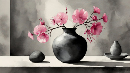 Watercolor painting of japanese sakura in vase.の写真素材